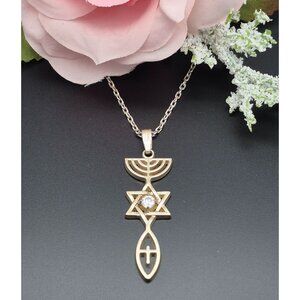 Religious Jewish Star of David Cross Menorah Pendant 925 Sterling Necklace 18"